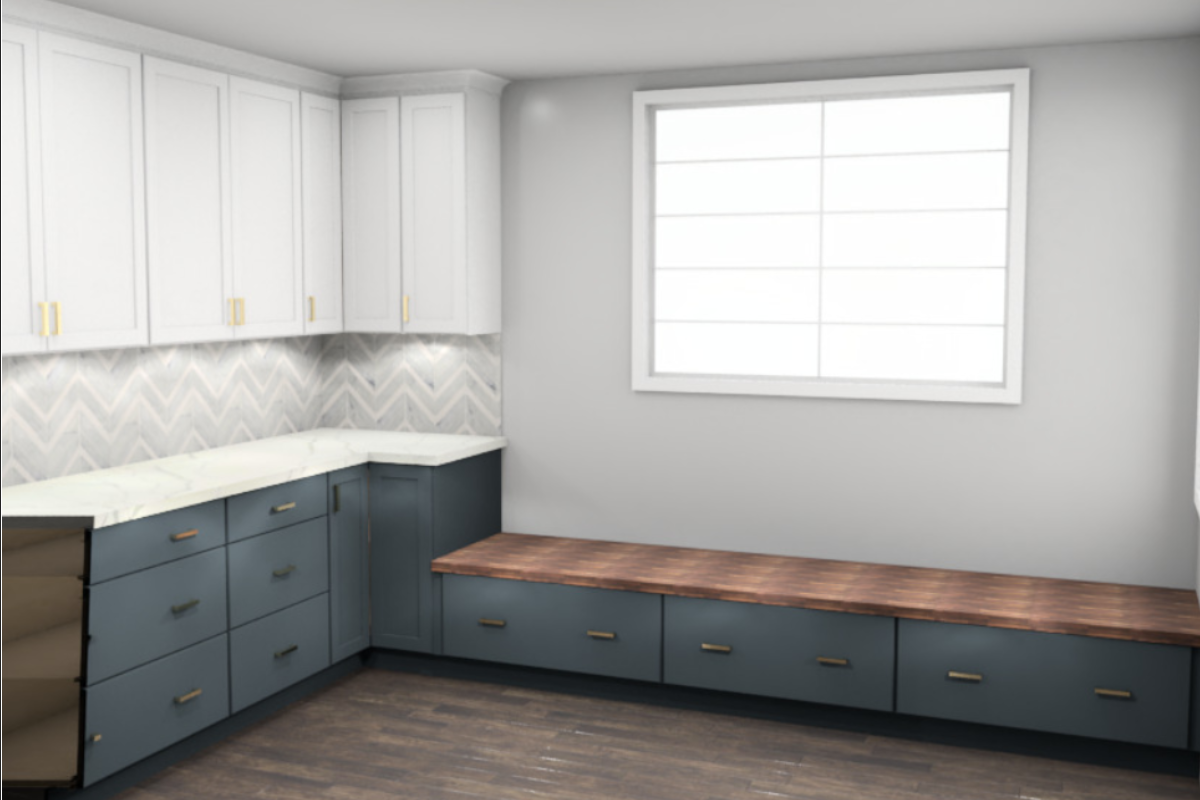 White and navy shaker kitchen design with wood-toned island in Farmhouse style