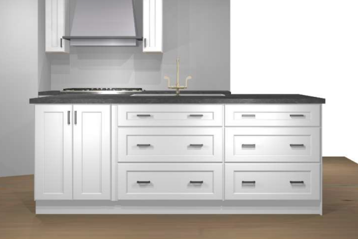 CliqStudios Design Packet Rendering with an L-shaped white shaker farmhouse kitchen design and large island