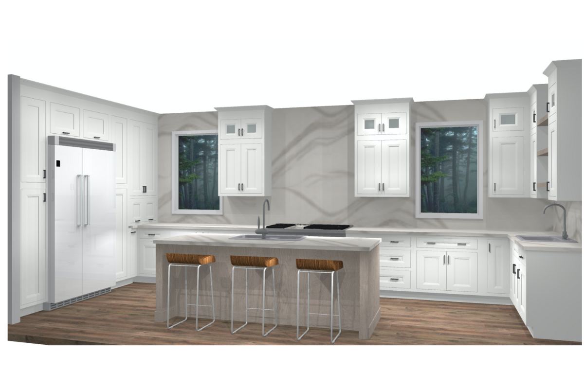 CliqStudios Design Packet Rendering of stacked white shaker inset kitchen design with a gray stained kitchen island