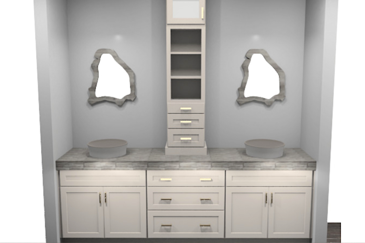 CliqStudios Design Packet Rendering of light gray shaker vanity cabinets with a stacked wall cabinet with glass