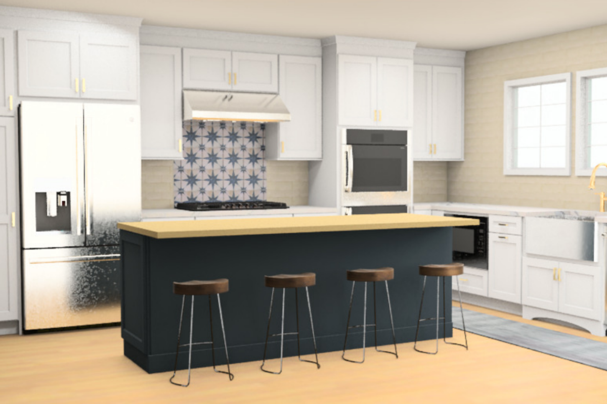 Design packet rendering of decorative white shaker kitchen cabinets with white quartz countertops, gold hardware, and an indigo blue island with butcher block countertops Design packet rendering of decorative white shaker kitchen cabinets with white quartz countertops, gold hardware, and an indigo blue island with butcher block countertops