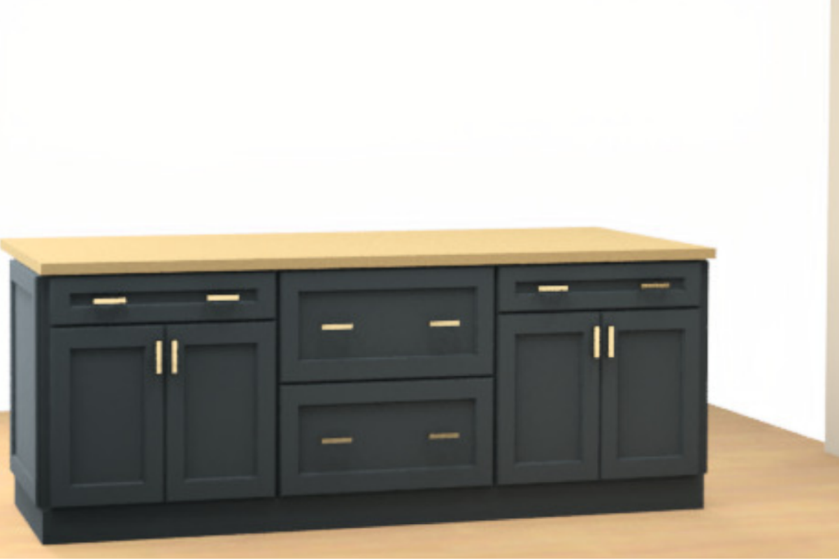 Design packet rendering of indigo blue decorative shaker kitchen island with gold hardware and a light butcher block countertop Design packet rendering of indigo blue decorative shaker kitchen island with gold hardware and a light butcher block countertop