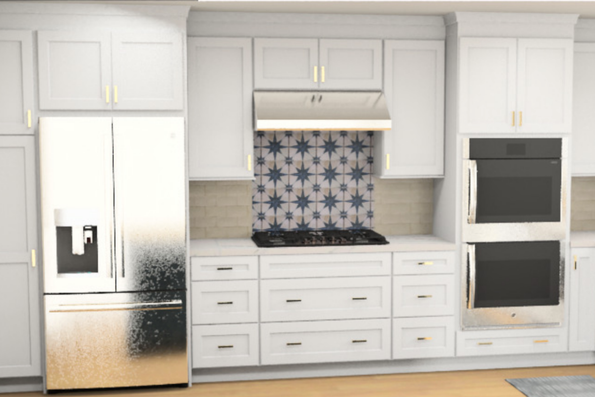 Design packet rendering with decorative white shaker cabinets with gold hardware and stacked cove crown molding to the ceiling Design packet rendering with decorative white shaker cabinets with gold hardware and stacked cove crown molding to the ceiling