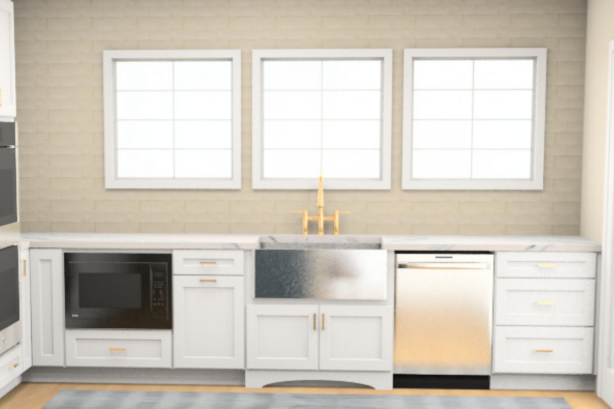Design packet rendering of a kitchen sink wall with 3 large windows above and decorative white shaker cabinets and farm sink below with gold hardware Design packet rendering of a kitchen sink wall with 3 large windows above and decorative white shaker cabinets and farm sink below with gold hardware