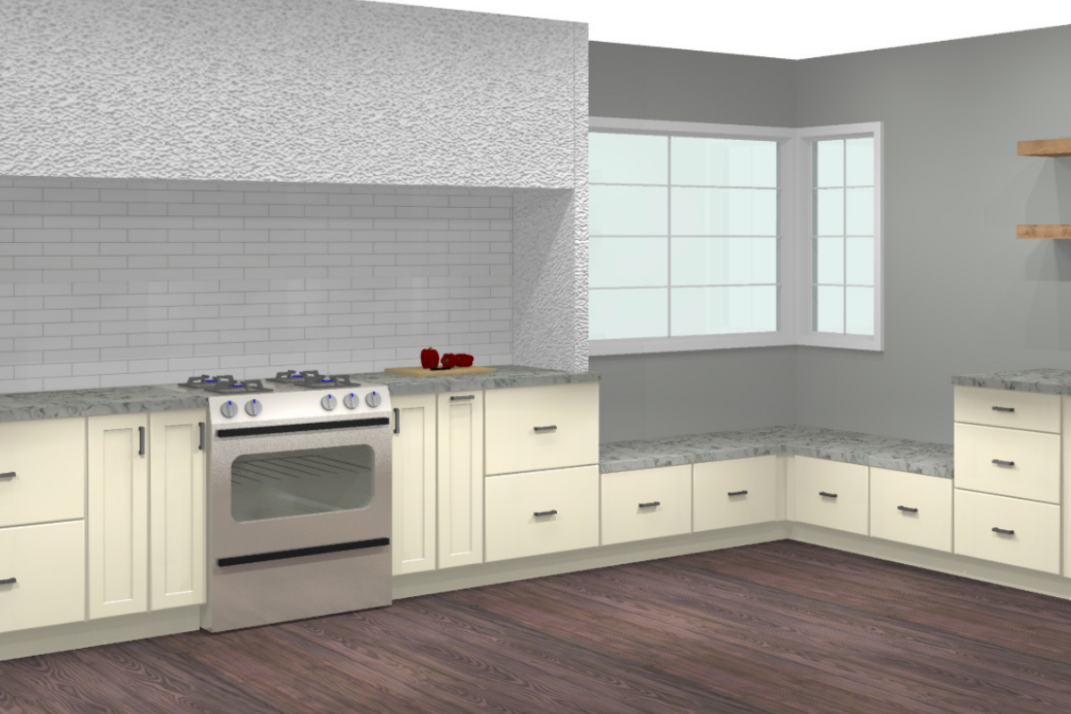 Design packet rendering of a mid-century modern cream shaker kitchen cabinet design with a large custom kitchen hood