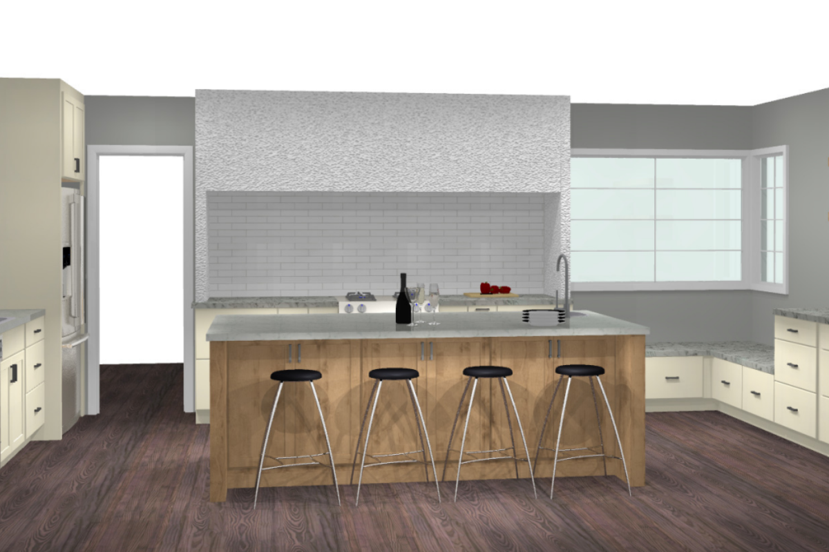 Design packet rendering of mid-century modern cream shaker kitchen cabinet design with a large custom kitchen hood and medium wood-toned island cabinets with beautiful gray stone waterfall countertops
