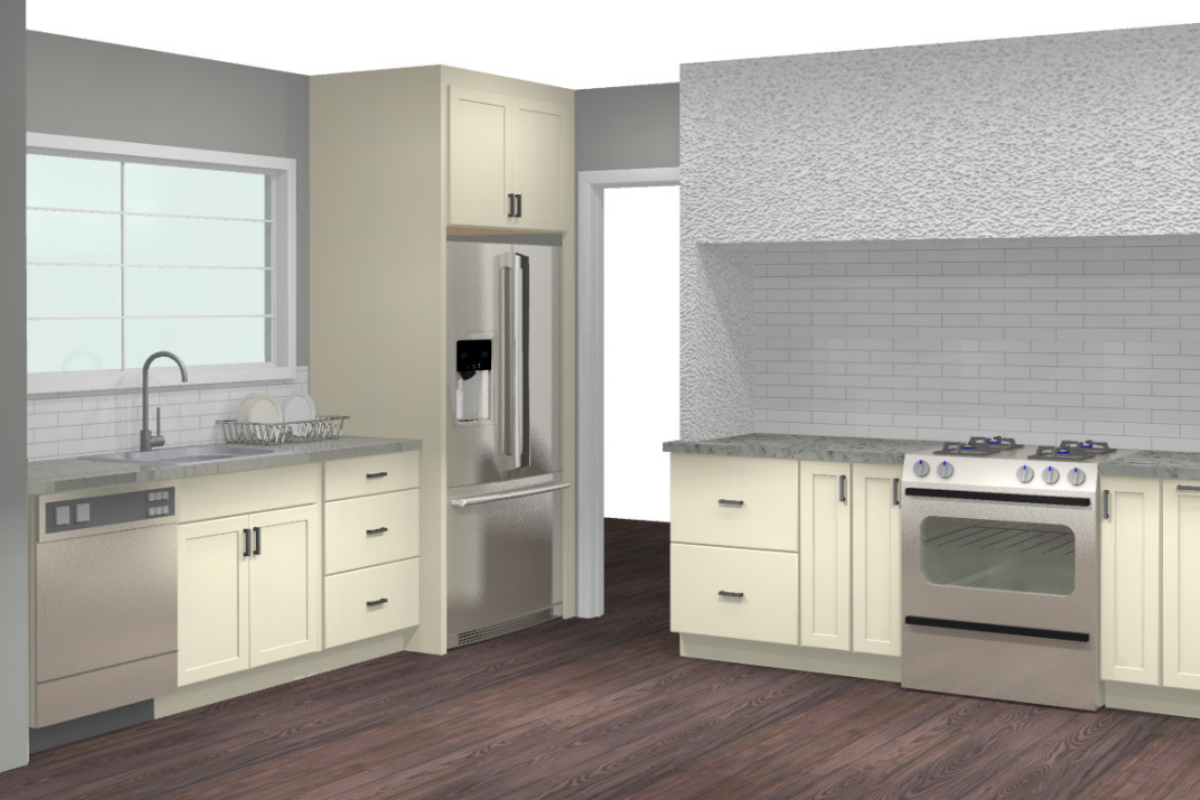Design packet rendering of mid-century modern cream shaker kitchen cabinet design with a large custom kitchen hood