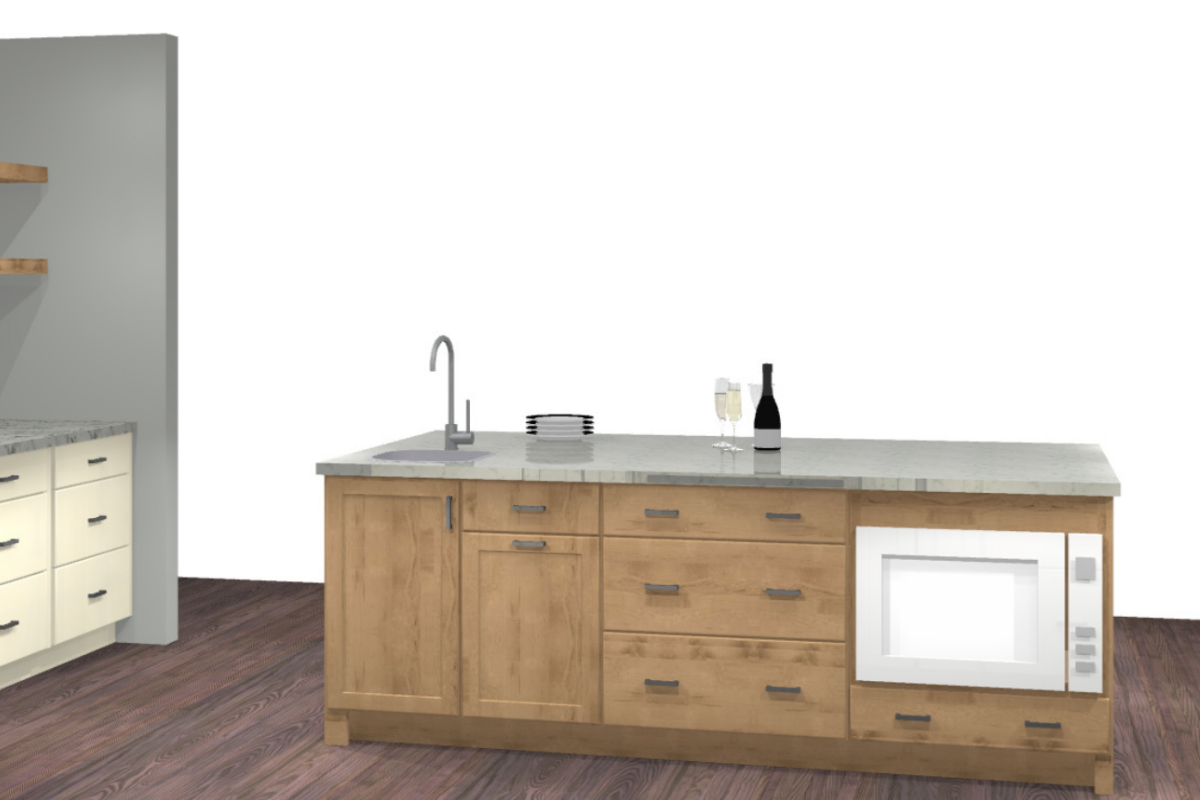 Design packet rendering of a light wood kitchen island with a built-in microwave, pull-out trash cabinet, and a sink base cabinet