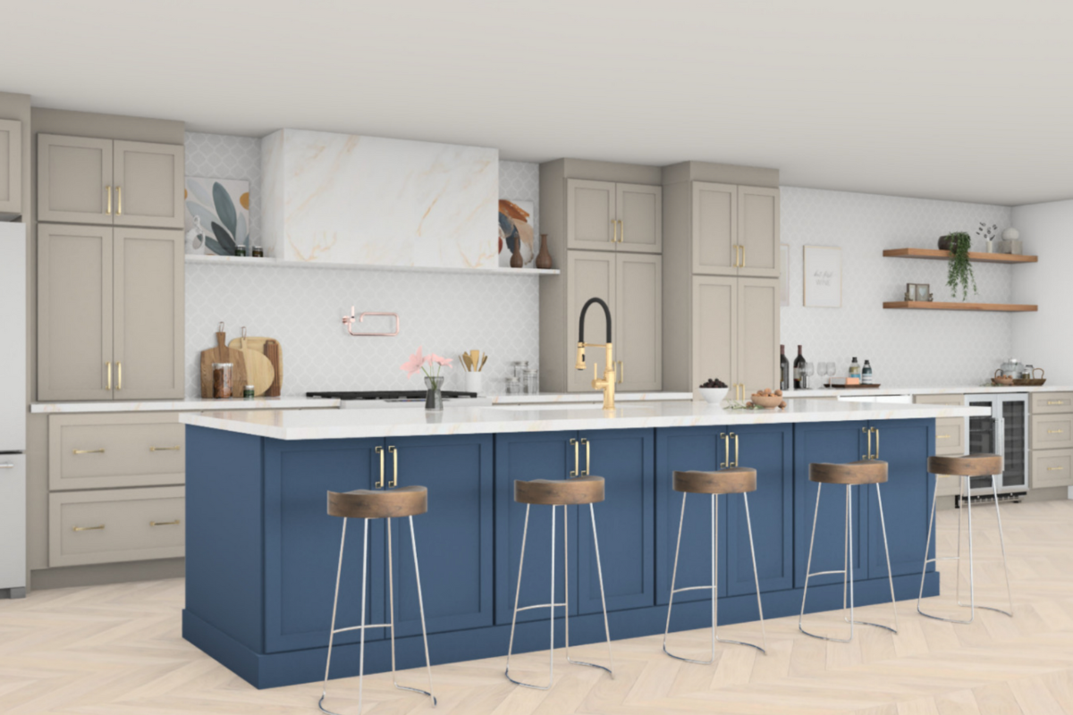 CliqStudios Kitchen Design Packet with one long wall of gray shaker cabinets and a large blue shaker kitchen island