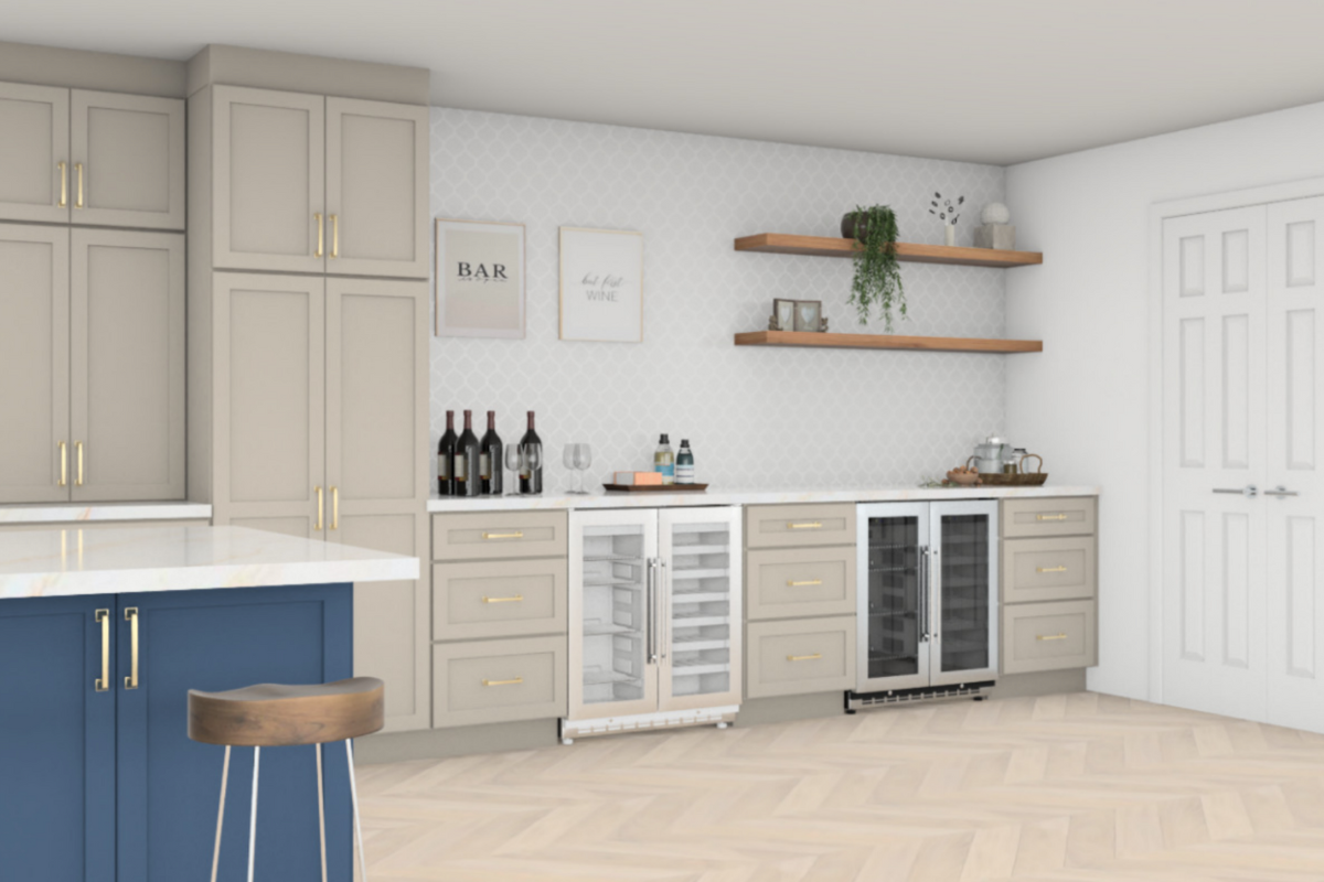 CliqStudios Kitchen Design Packet with one long wall of gray shaker cabinets and a large blue shaker kitchen island