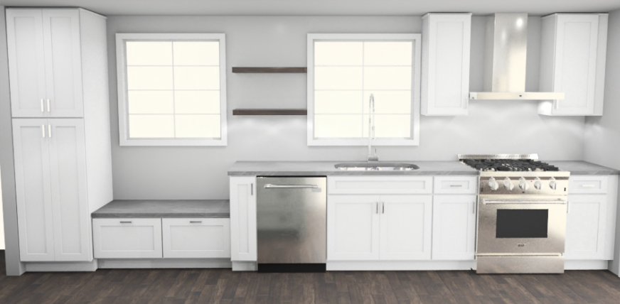 CliqStudios design packet rendering in Dayton White and Harbor cabinets