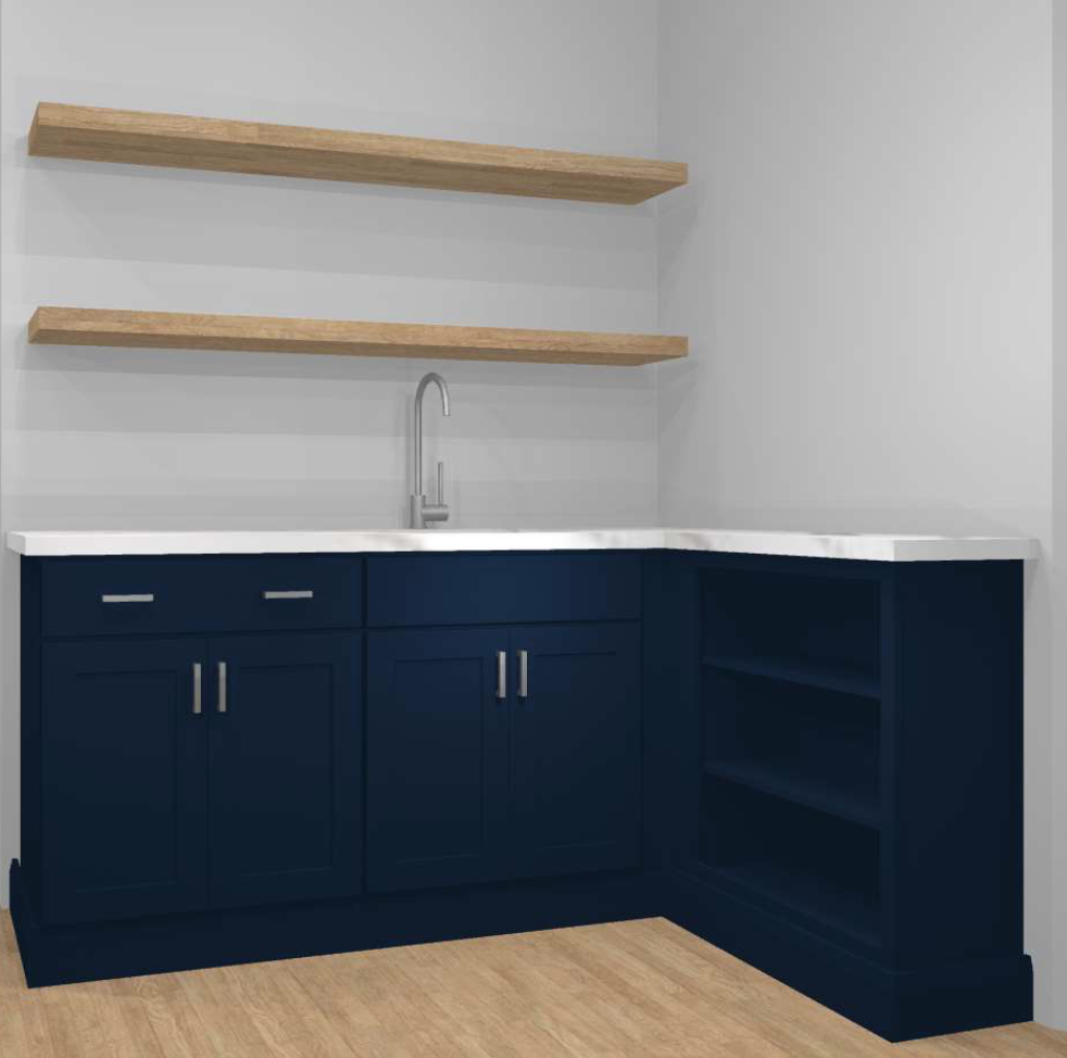 CliqStudios design packet rendering in blue shaker coffee bar cabinets