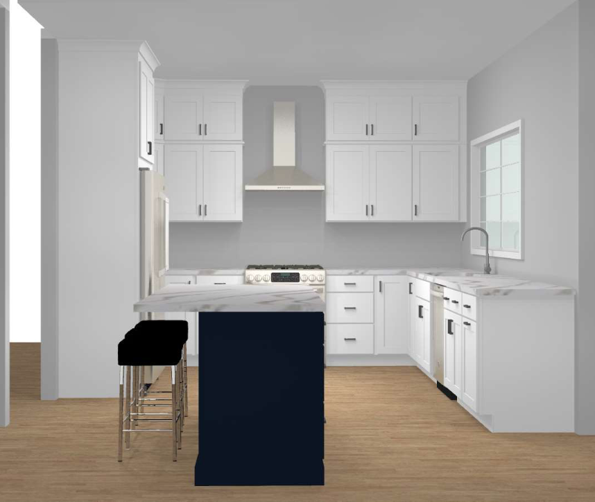 CliqStudios design packet rendering in white and blue shaker cabinets