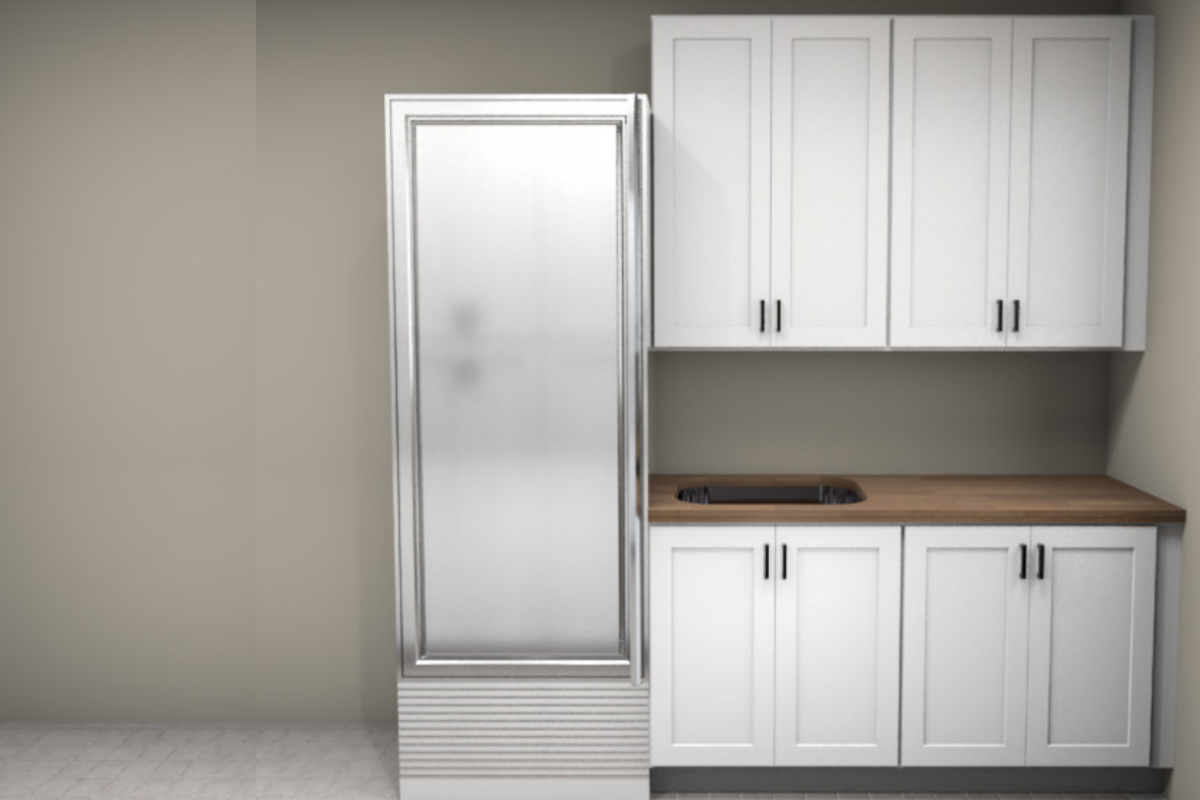 White shaker laundry room cabinets with a built-in sink and refrigerator on the left White shaker laundry room cabinets with a built-in sink and refrigerator on the left
