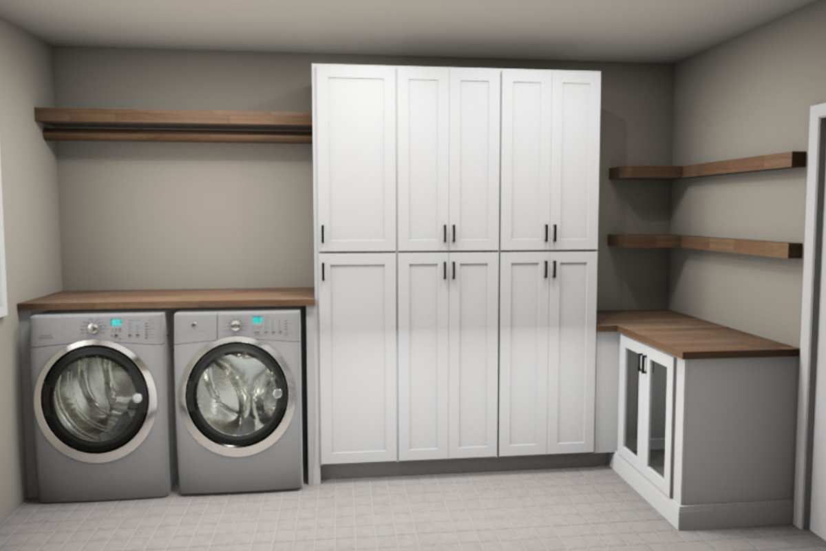 White shaker laundry room pantry cabinets and base cabinet with wood floating shelves and a hanging rod for clothing White shaker laundry room pantry cabinets and base cabinet with wood floating shelves and a hanging rod for clothing