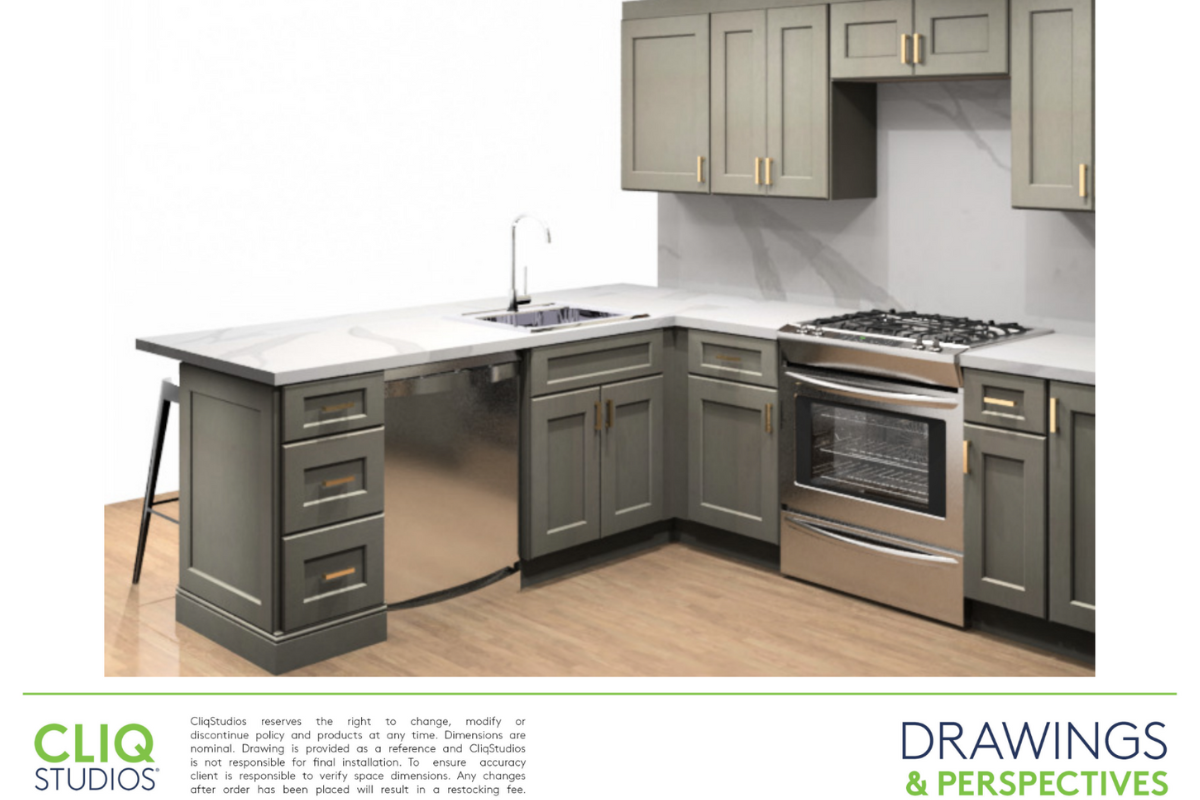 CliqStudios design packet rendering of a light gray shaker U-shaped kitchen