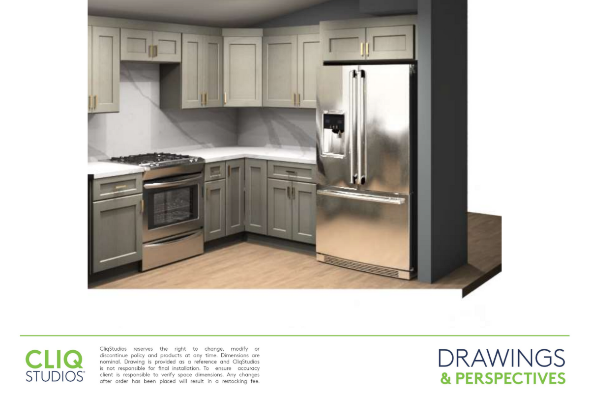 CliqStudios design packet rendering of a light gray shaker U-shaped kitchen