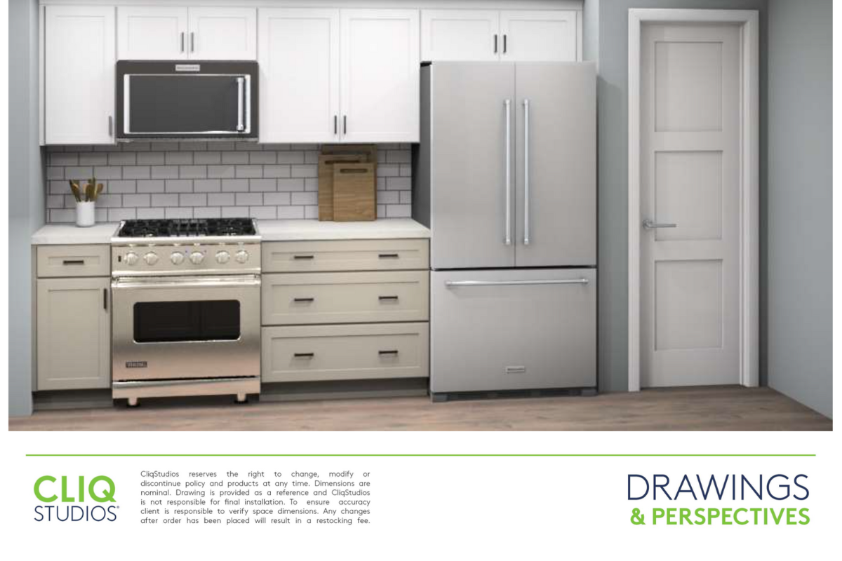 CliqStudios design packet rendering of two-tone white and light gray kitchen range wall