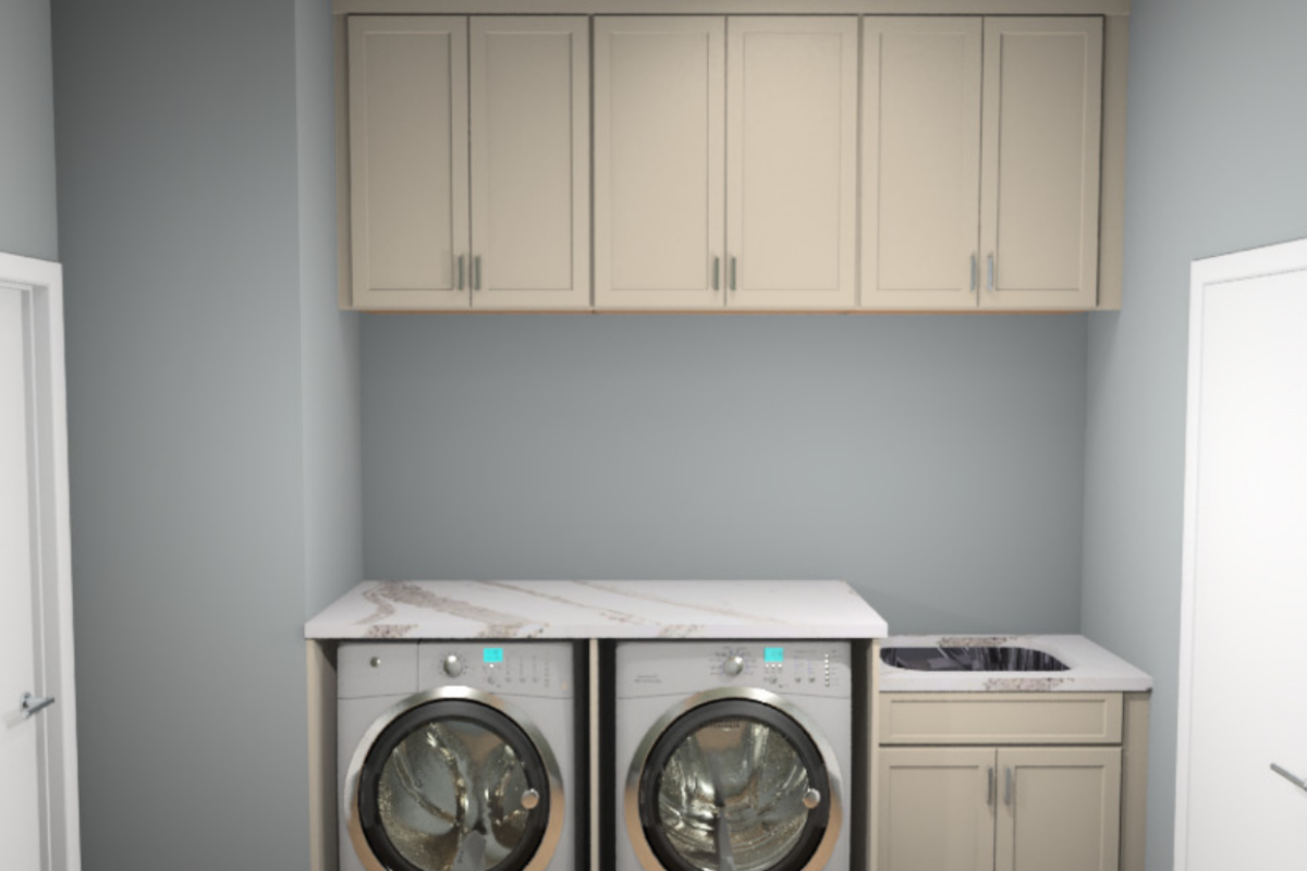 CliqStudios design packet rendering of laundry room wall with washer dryer and taupe shaker cabinets above with black quartz countertops