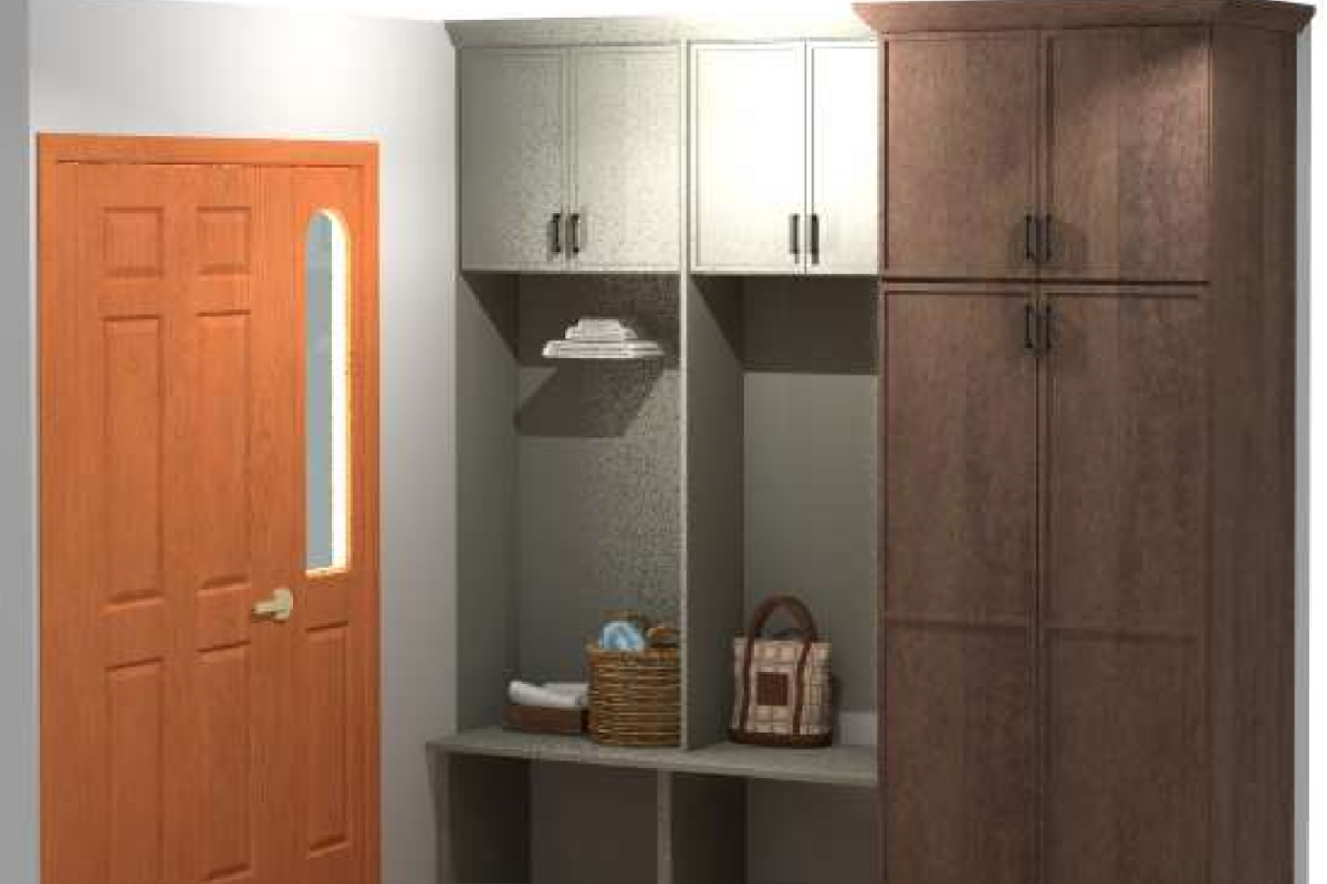 CliqStudios design packet rendering of the client's two-tone mudroom with lockers and a tall pantry cabinet