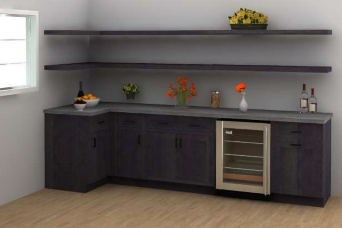 CliqStudios design packet rendering of the client's basement bar in inset cabinets with dark brownish-black finish