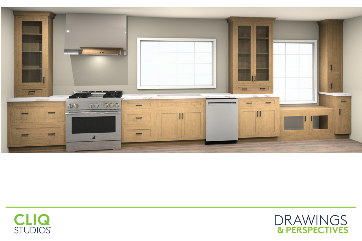 CliqStudios design packet rendering of wood inset kitchen cabinets