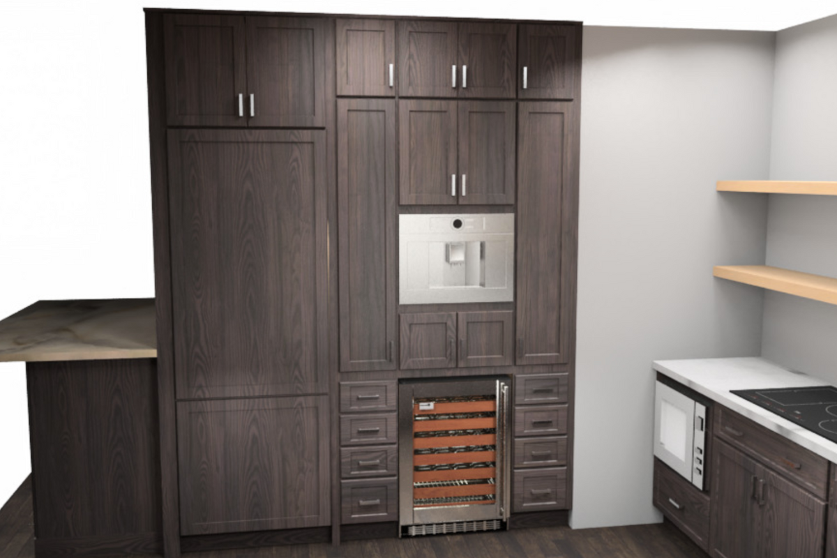 CliqStudios design packet rendering in Craftsman line's Harrison Smoke kitchen cabinets