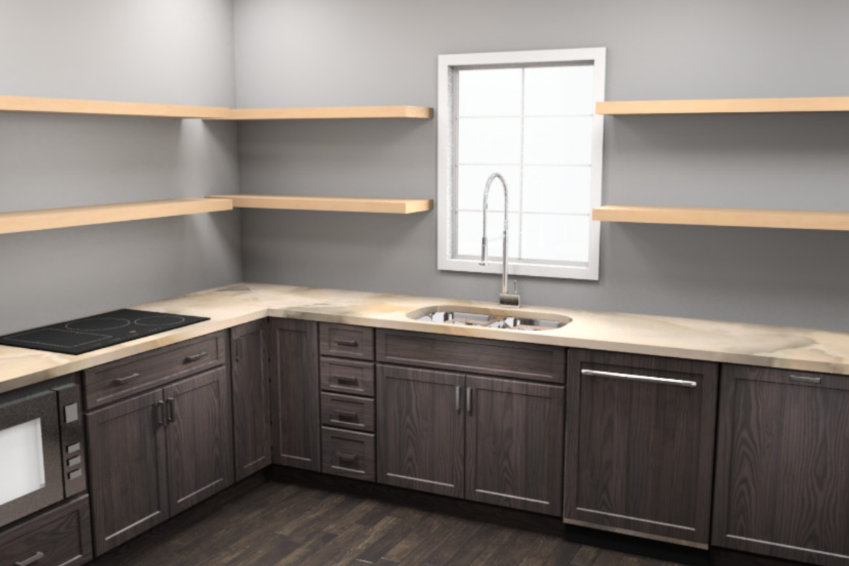 CliqStudios design packet rendering in Craftsman line's Harrison Smoke kitchen cabinets