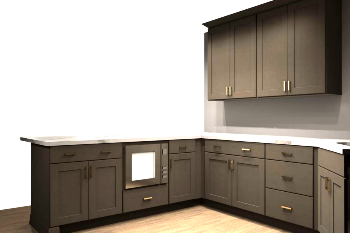 Dark ash-brown stained kitchen cabinets in shaker style with a peninsula and white quartz countertop