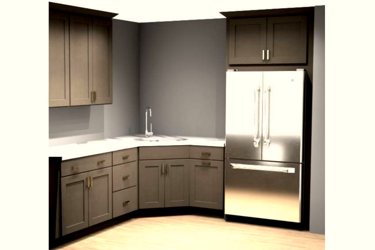 Dark ash-brown shaker kitchen cabinets with built-in refrigerator, cove crown molding and a TV over the sink.