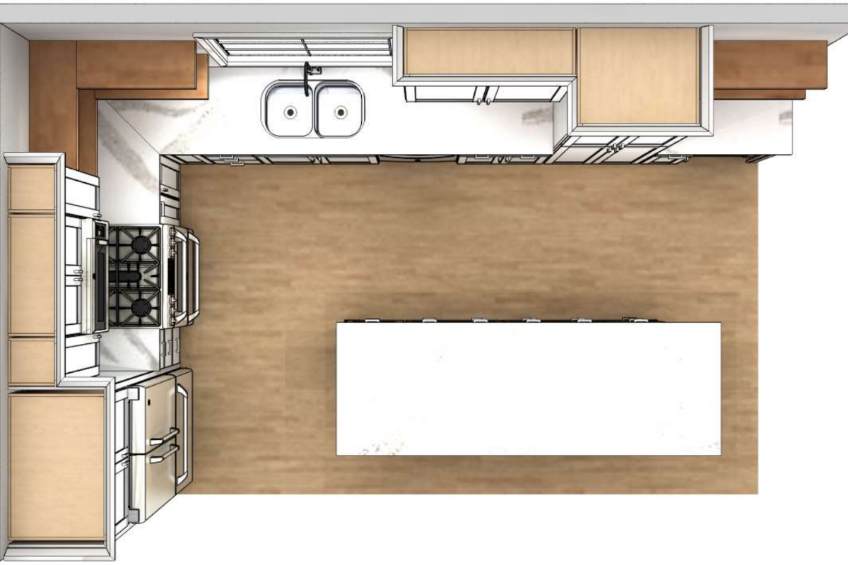 CliqStudios design packet rendering- floor plan view of white shaker kitchen with wood floating shelves and a large gray shaker island