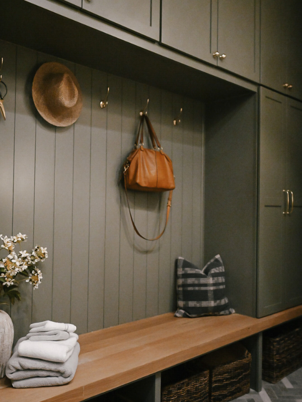 Olive green mudroom locker cabinets with white oak bench in between and matching green shiplap wall behind