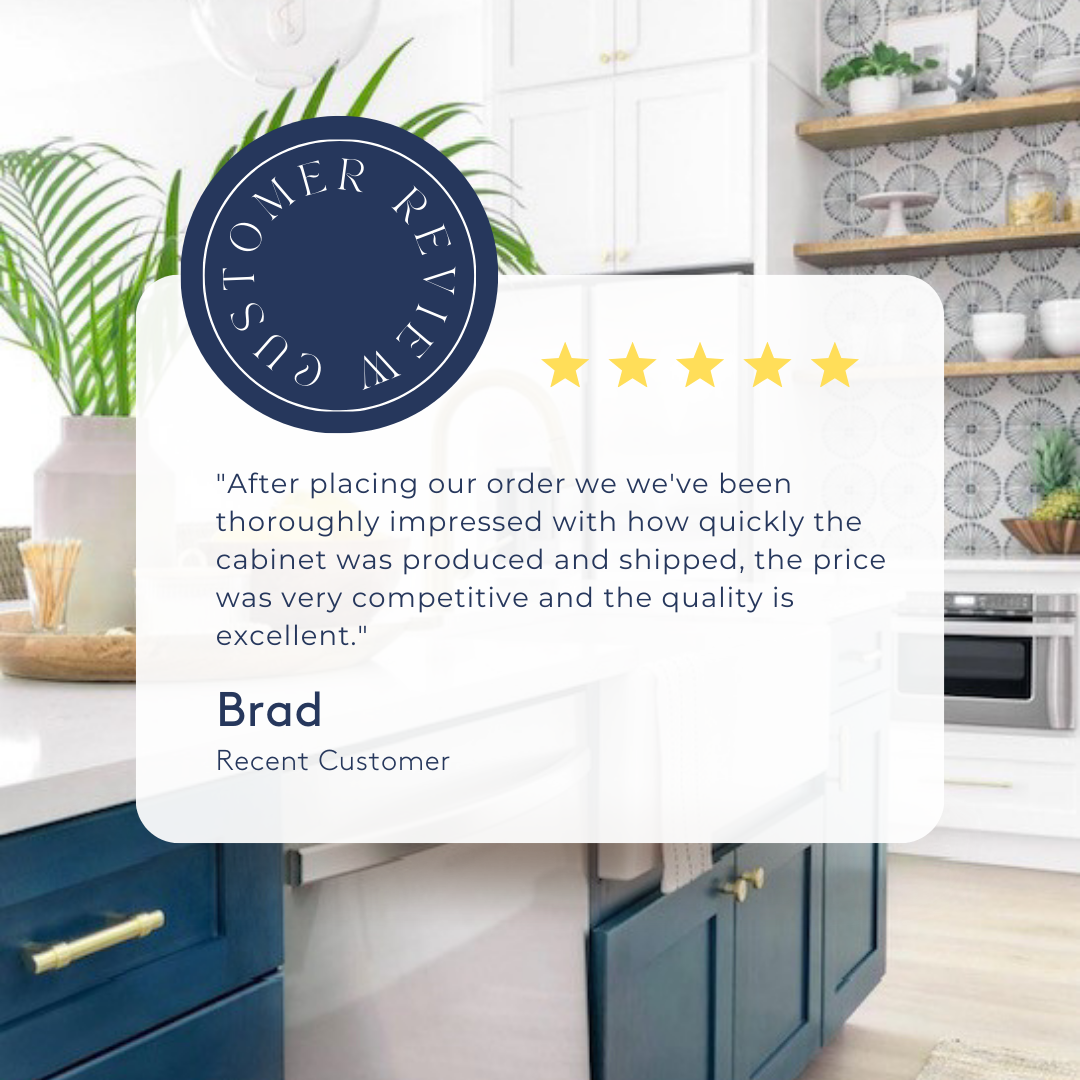 5-star CliqStudios customer review with a white and navy blue shaker kitchen in the background