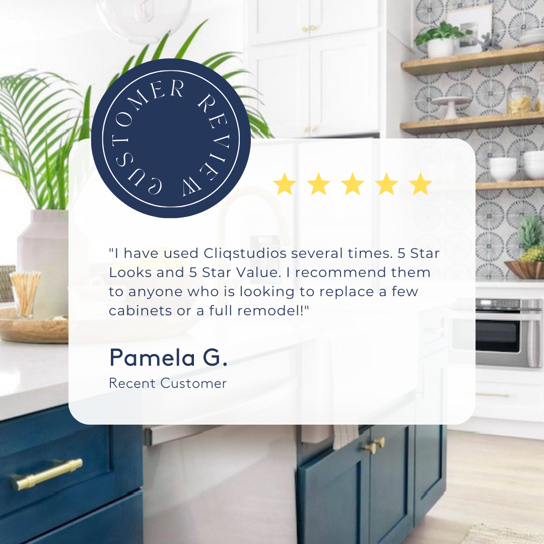 5-star CliqStudios customer review with a white and navy blue shaker kitchen in the background