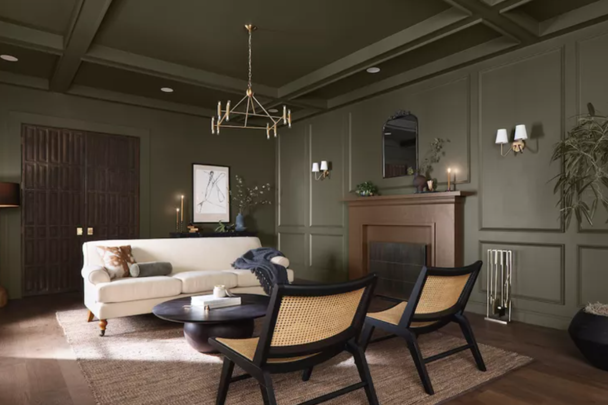 Moody living room with dark olive green walls and ceiling with wall moldings