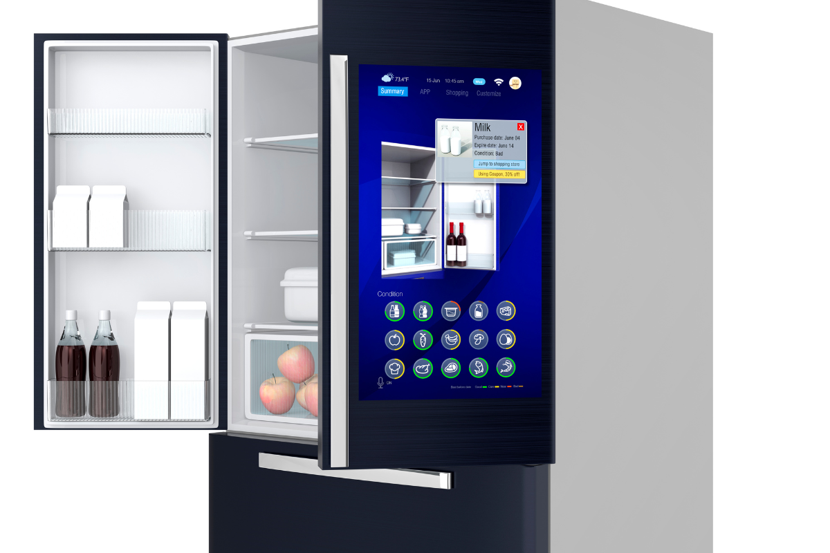 Black french door smart refrigerator with silver handles and touch pad