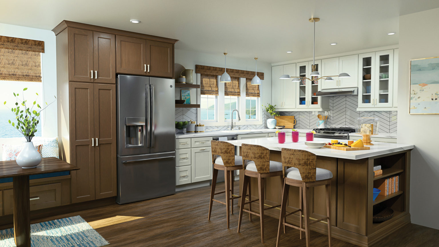 CliqStudios project: White shaker kitchen with medium-brown stained island and pantry cabinets