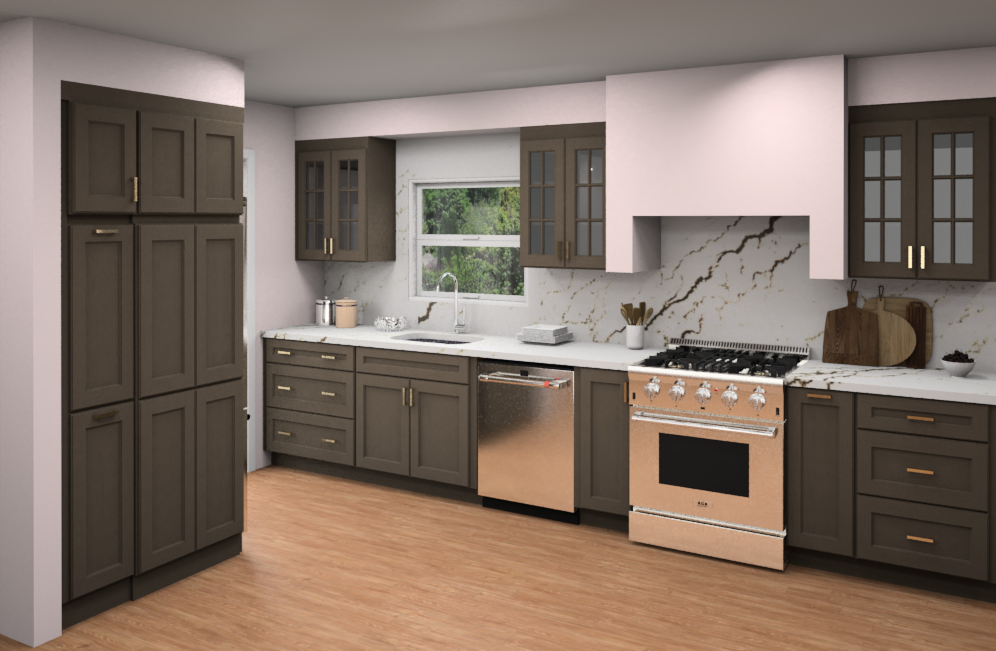 Brown stained shaker cabinets with mullion glass doors and modern crown molding