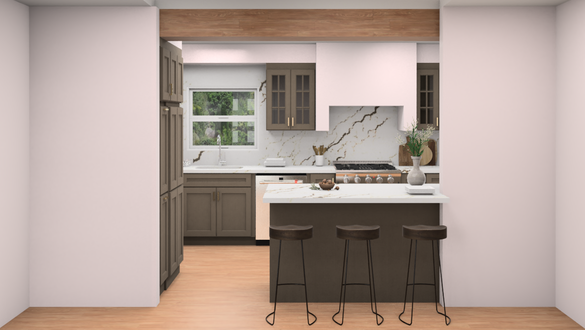 Brown stained shaker cabinets with mullion glass doors and modern crown molding