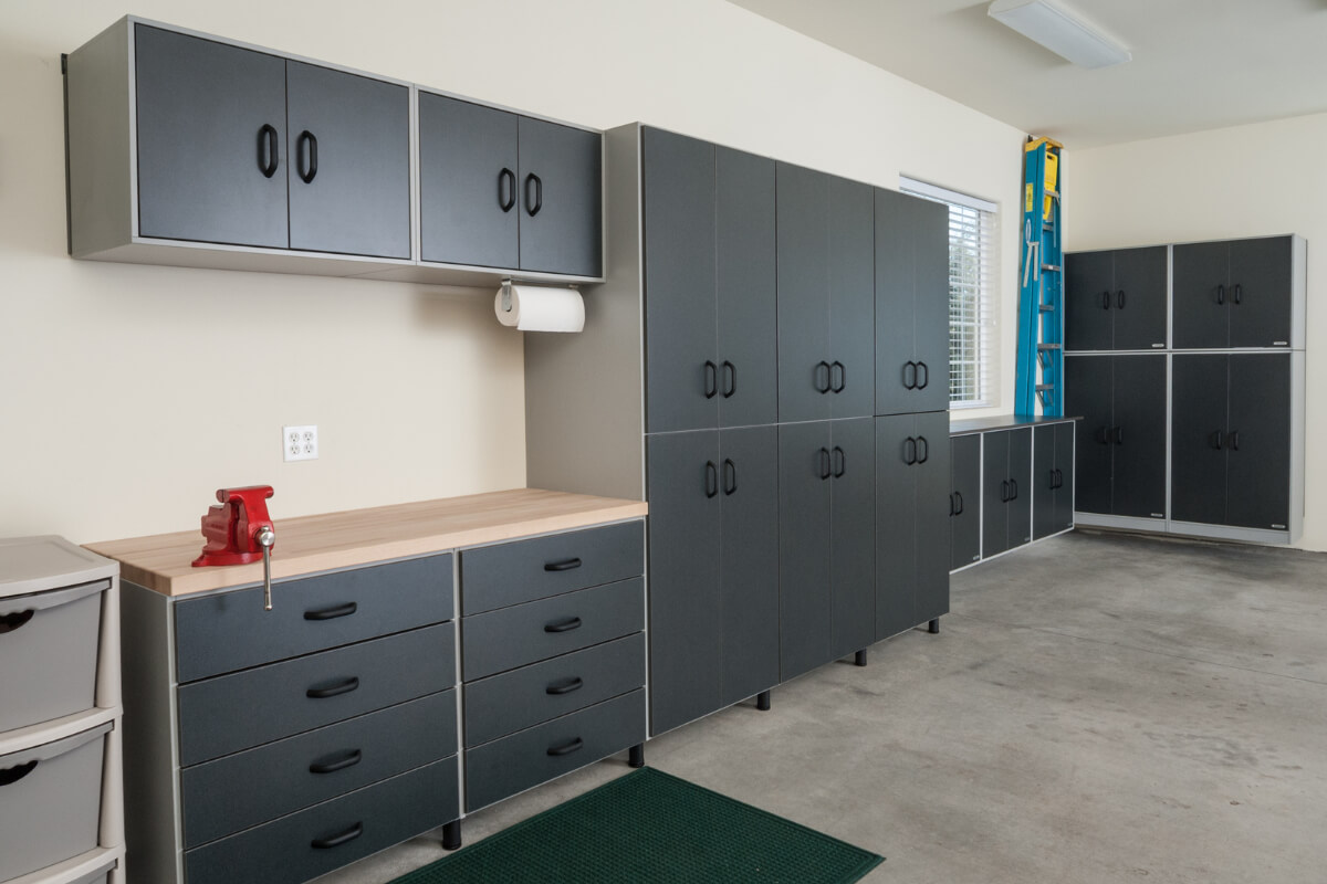 Gray utility storage cabinets