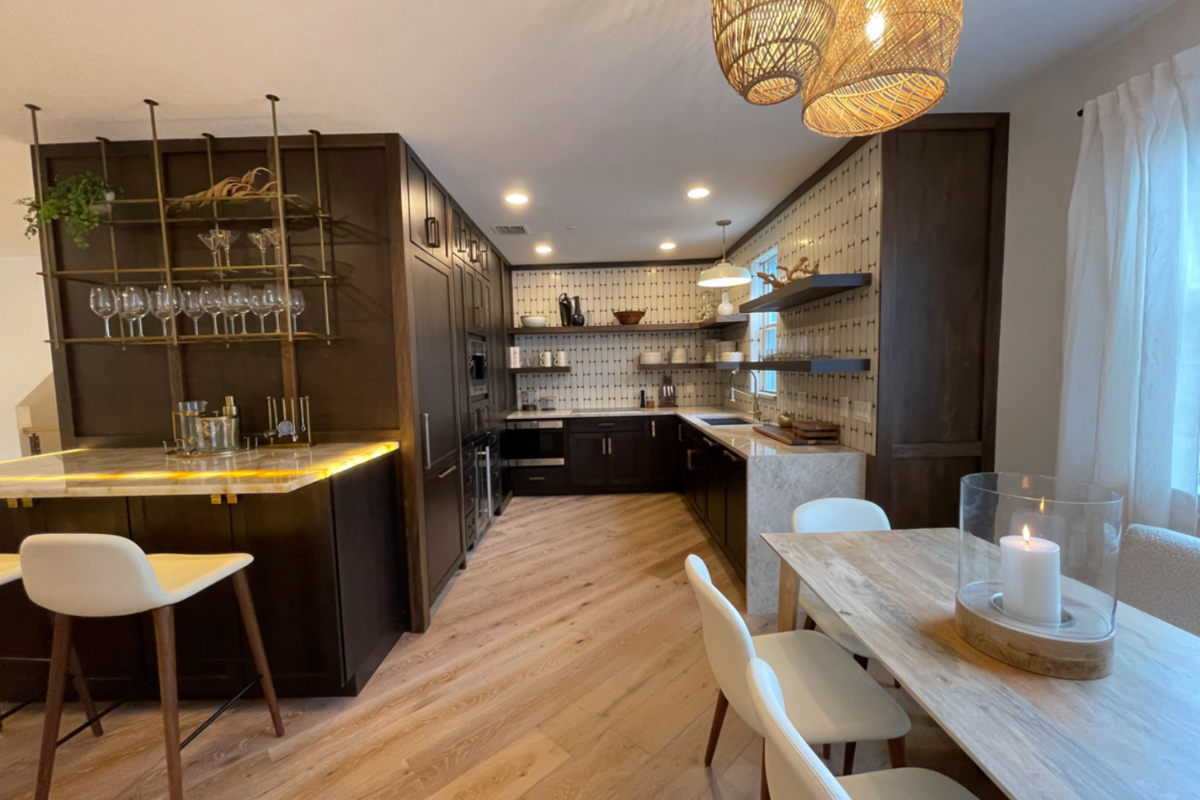 U-shaped dark brown kitchen cabinet design with all floating shelves and unique vertical subway tile backsplash