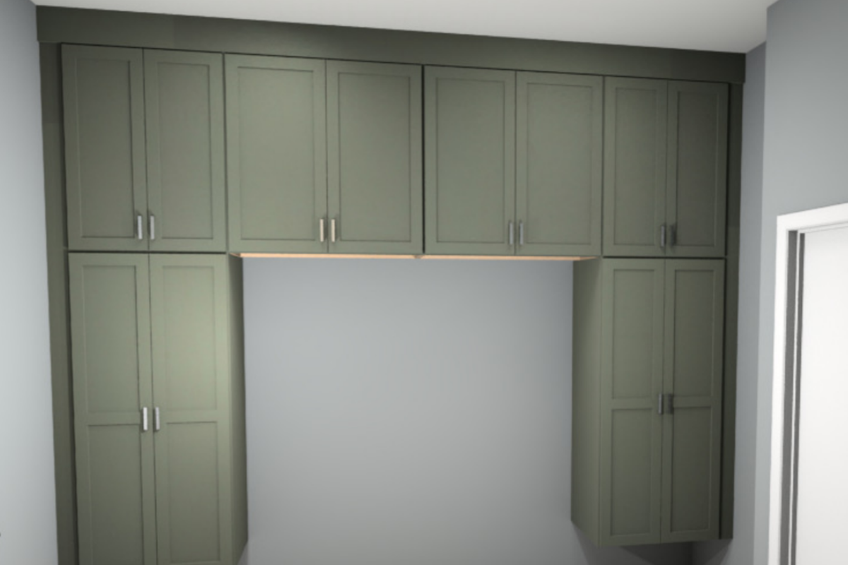 CliqStudios design packet rendering of olive green mudroom lockers with opening in the middle for a bench