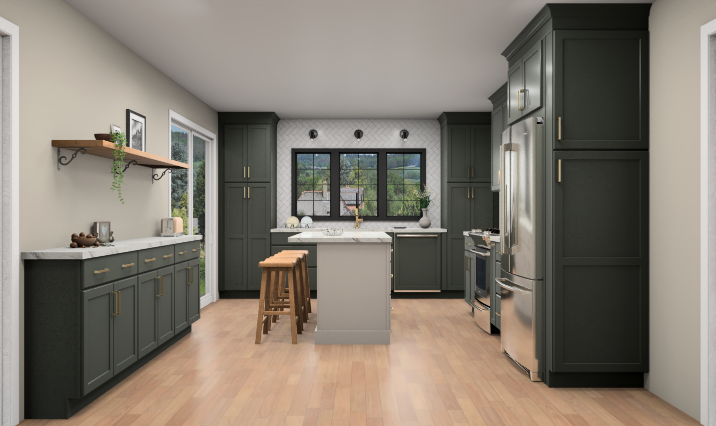 Large kitchen with green cabinets and white island with white subway tile, golde hardware, and modern black lighting accents