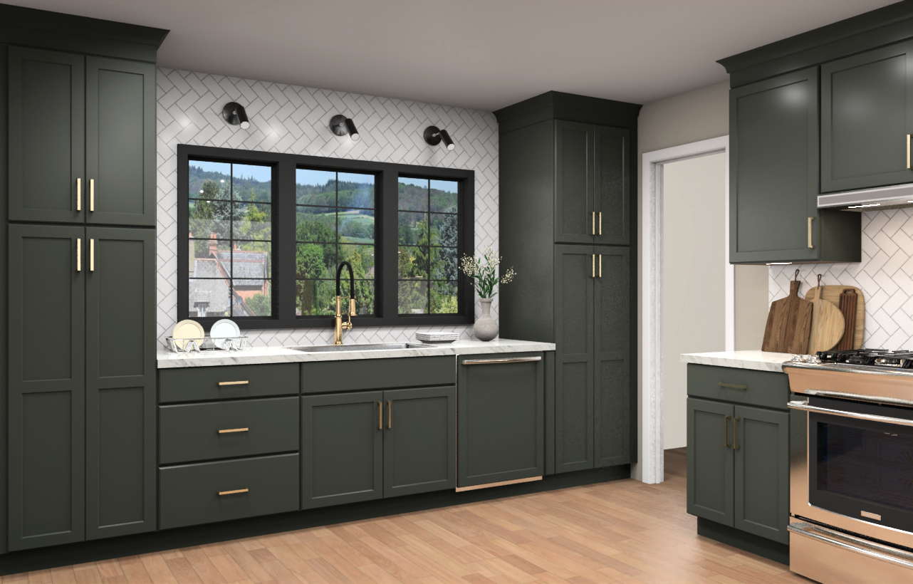 Large kitchen with green cabinets with white subway tile, golde hardware, and modern black lighting accents