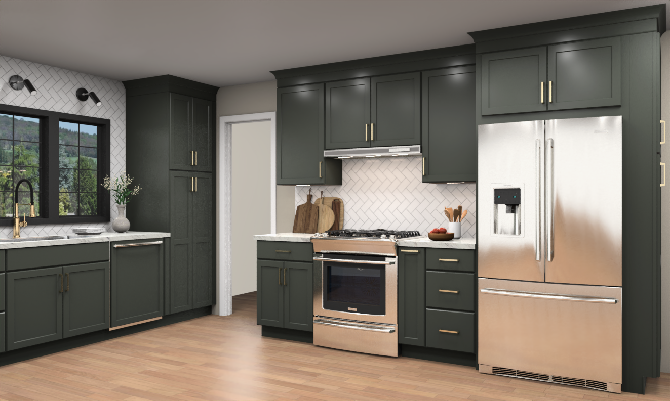 Large kitchen with green cabinets with white subway tile, golde hardware, and modern black lighting accents