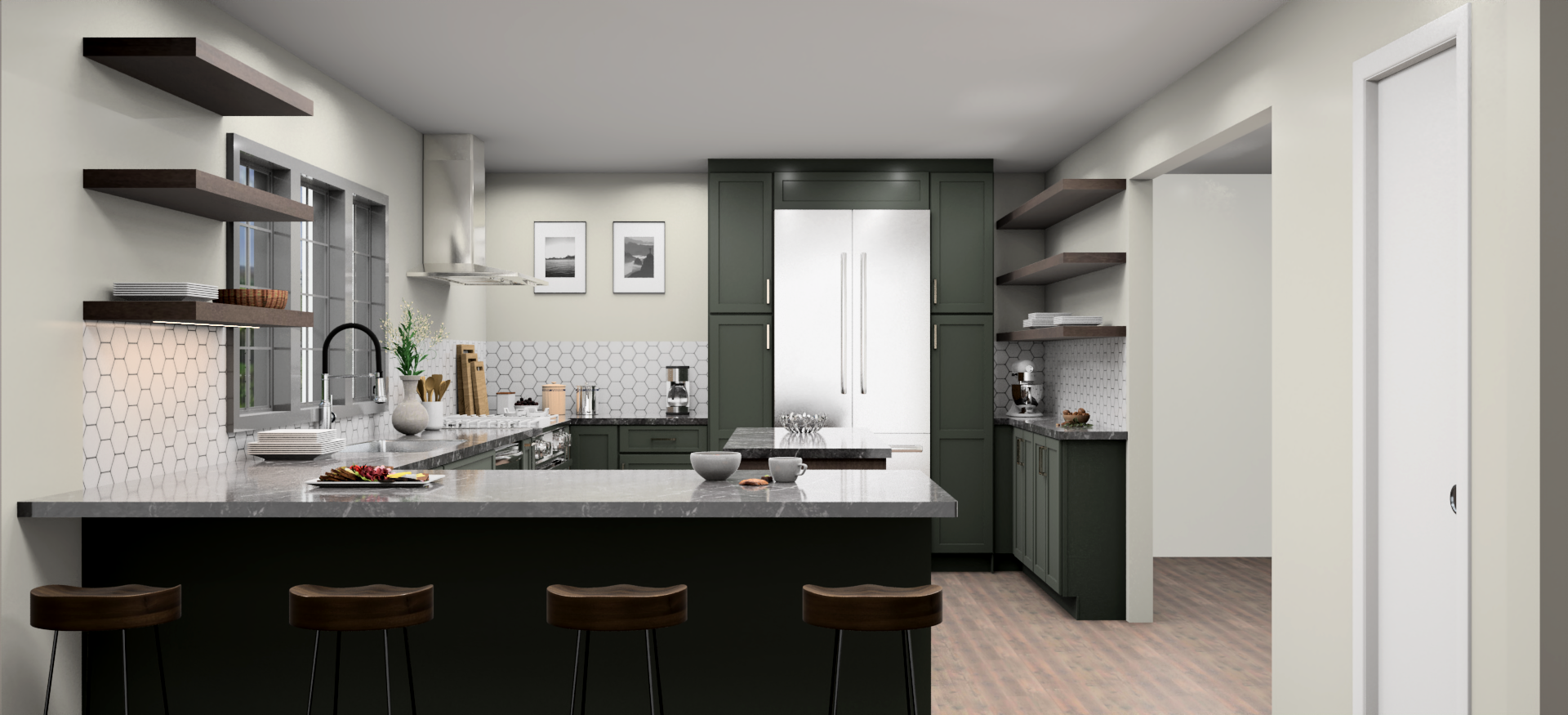 Open concept green kitchen cabinets with chocolate brown island and floating shelves with white hex backsplash and stainless appliances