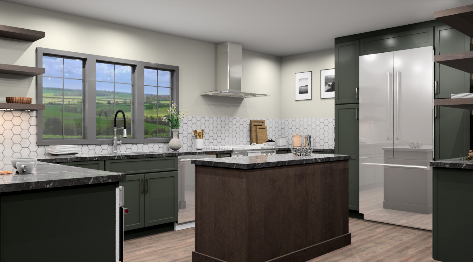 Open concept green kitchen cabinets with chocolate brown island and floating shelves with white hex backsplash and stainless appliances