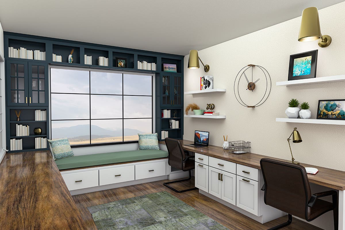 Spacious white shaker home office base cabinetry and window seat with natural wood tops and indigo blue bookcases flanking a large window