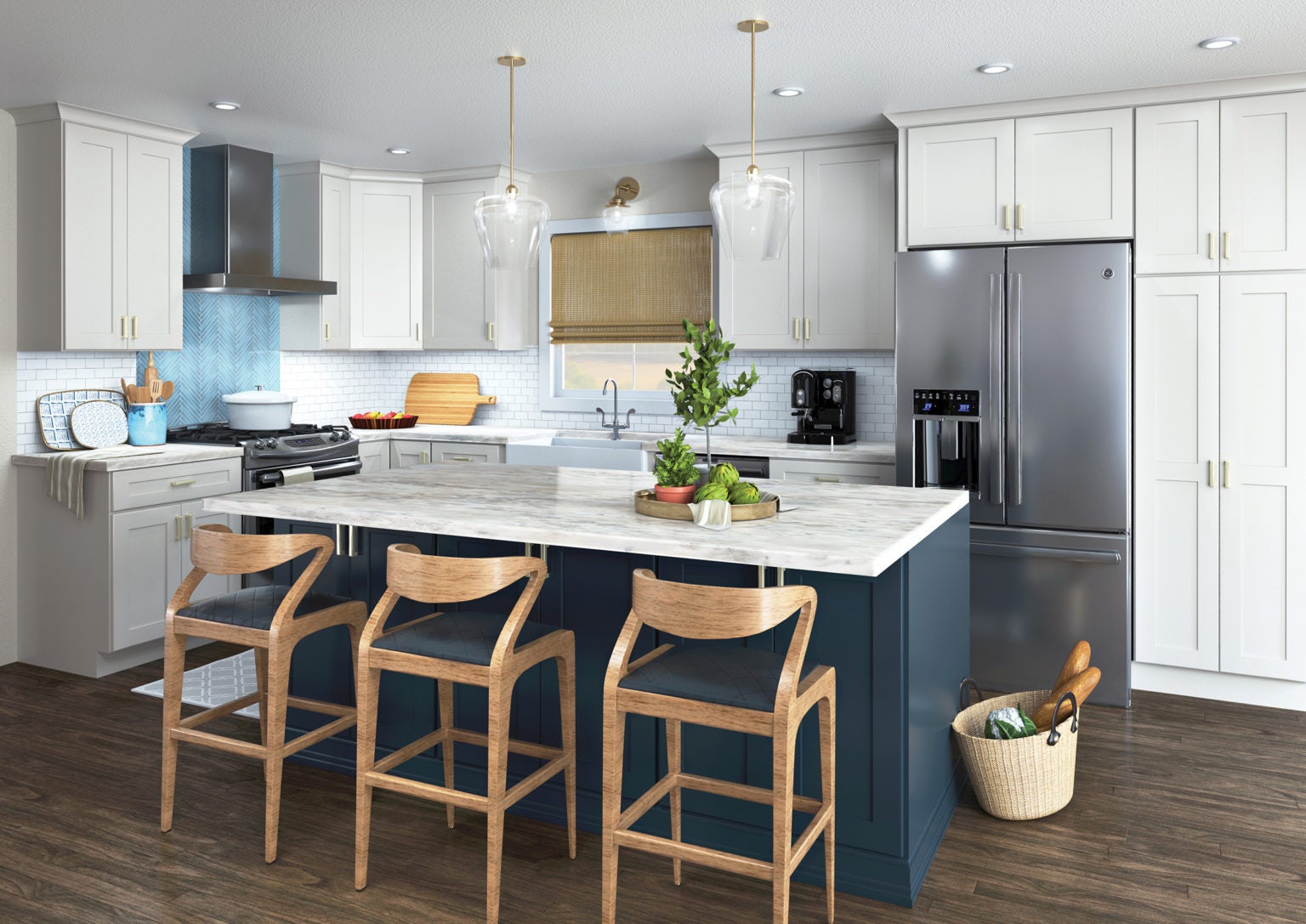 CliqStudios project: White shaker kitchen cabinets with a navy blue island and white countertops