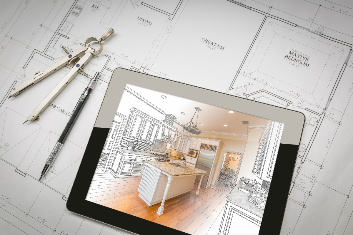 Kitchen rendering on iPad on top of paper floor plans and a protractor Kitchen rendering on iPad on top of paper floor plans